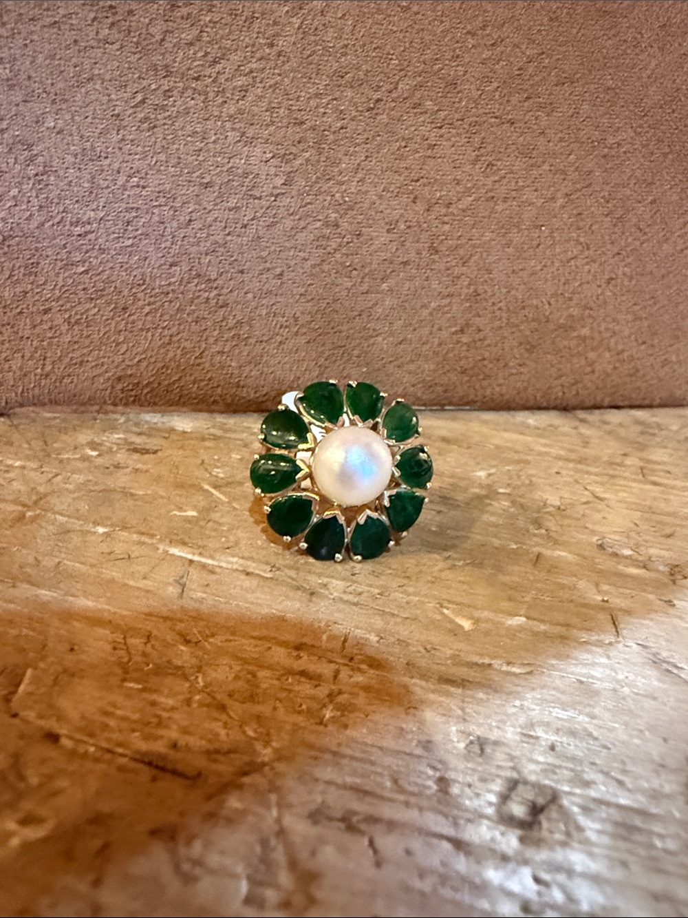 14kt Gold Ring with Green Jade Petals and Central Pearl